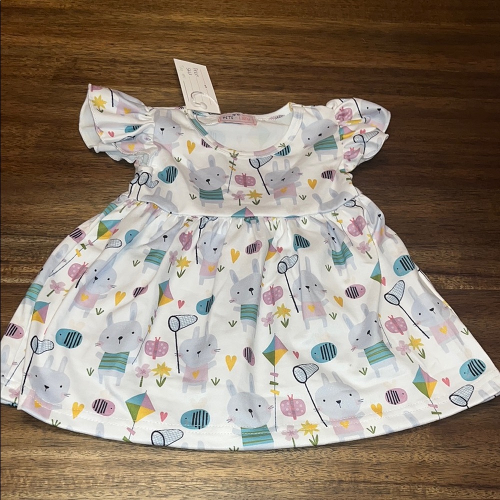 New Pete+Lucy Adorable White Dress with Bunny Print size 0-6m spring